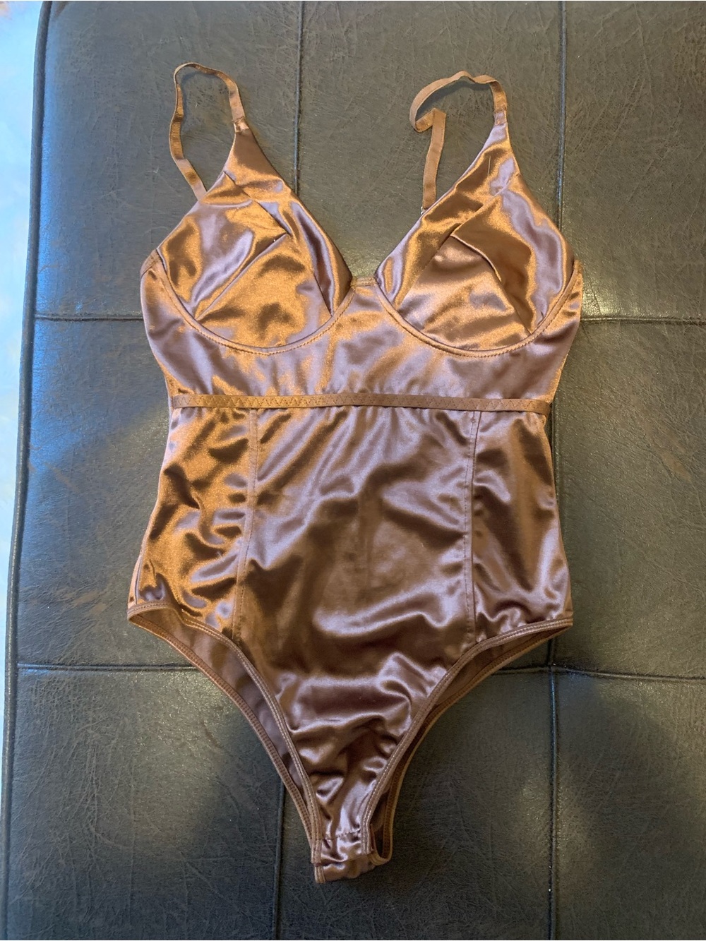 Satin Brown Bodysuit Sleeveless V-Neck